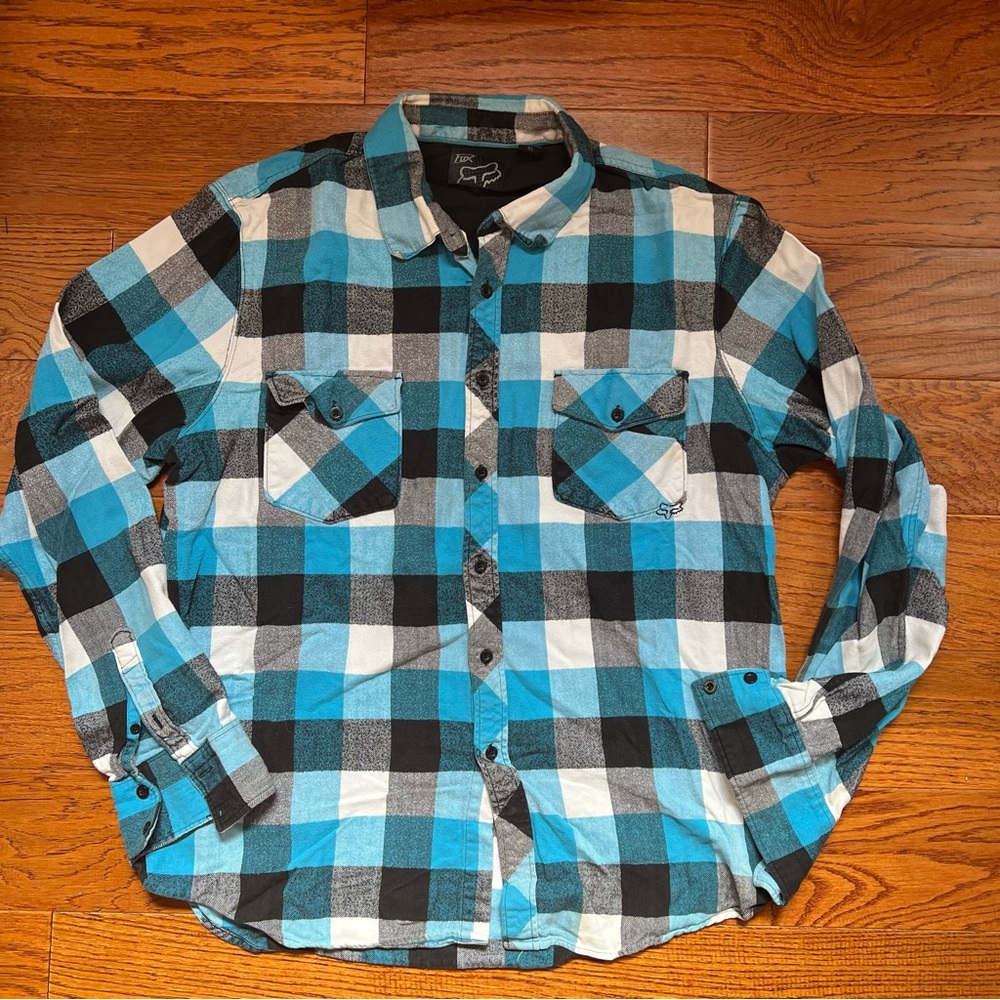 Fox Racing Mens XL Blue Plaid Cotton Casual Button Up Flannel Shirt